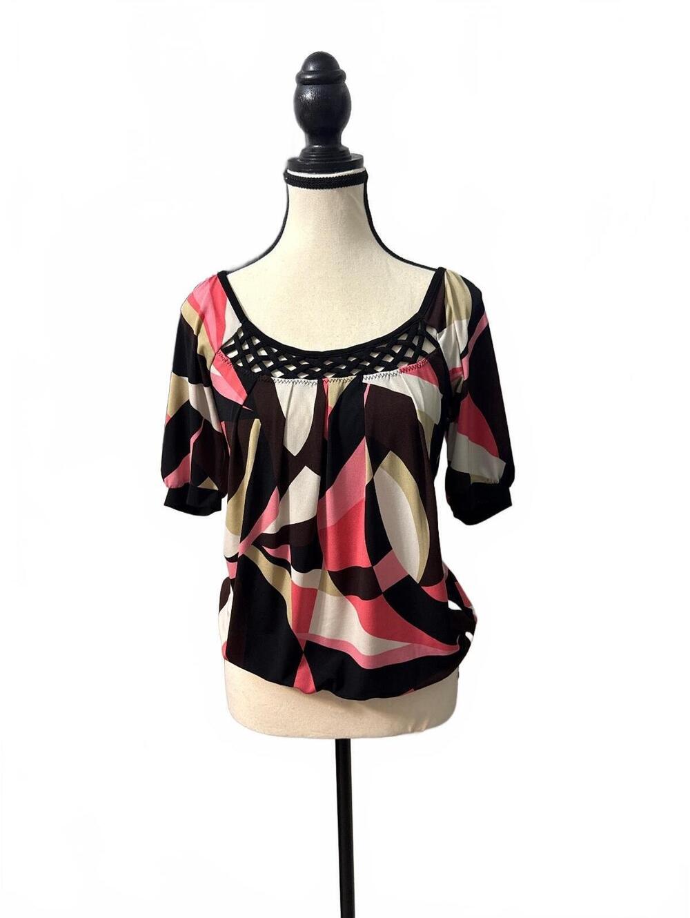 Y2K Abstract Print Blouson Top | Lattice Neckline Short Sleeve Blouse - Medium